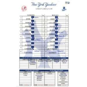  Yankees at Royals 4 11 2009 Game Used Lineup Card (MLB 