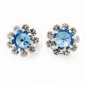 Small Light Blue/Clear Diamante Stud Earrings In Silver Finish   10mm 