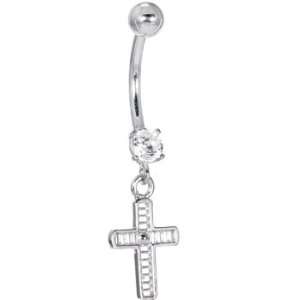   Solid 14kt White Gold Cubic Zirconia Cross Dangle Belly Ring Jewelry