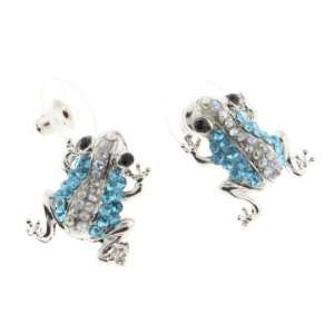 Very Cute Silver Tone Light Blue Clear Rhinestone Frog Earrings With 