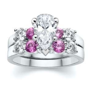  3.55 ct Pear Diamond W Round Pink Sapphire Ring Set 