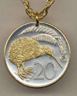 Gold on Silver New Zealand 20 cents Coin Kiwi Necklace  