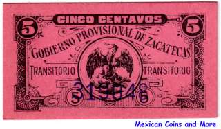 Mexico Revolution 5 Centavos Zacatecas (No Date), UNC. M4192.  