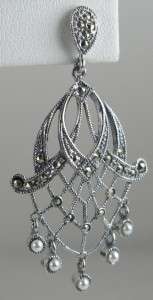   Antique 925 Sterling Seed Pearl & Marcasite Chandelier Earrings 11g