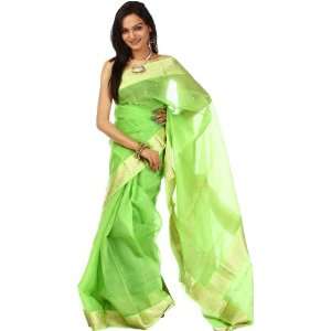 Shamrock Green Chanderi Sari with Brocade Weave on Border   Pure Silk