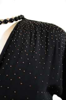 FABULOUS VINTAGE 1940s ART DECO STRUCTURED black rayon studded dress 