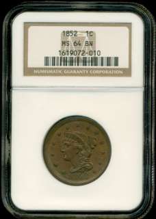 1852 BRAIDED HAIR LARGE CENT NGC MS64BN (BROWN)   NICE  