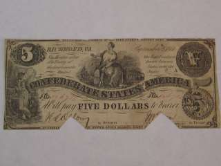 1861 $5 (FIVE Dollar ) CONFEDERATE NOTE, RICHMOND, VA  