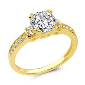 14K Yellow Gold Round cut Solitaire with Side Stone CZ Cubic Zirconia 