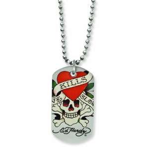   Steel Ed Hardy Painted Skull/Heart Dog Tag 24in Necklace Jewelry