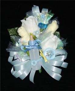 Baby Shower Corsage Yellow Baby Socks & Blue Ribbons  