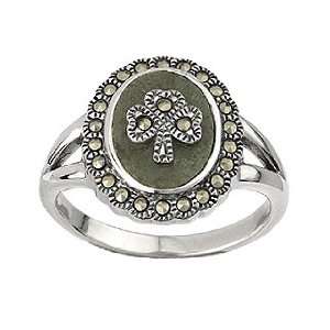  Sterling Silver Marcasite Shamrock Marble Ring Jewelry