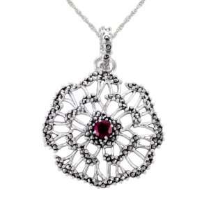    Sterling Silver Marcasite Garnet Flower Pendant, 18 Jewelry