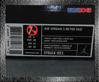 Product Name Nike Air Jordan 3 Retro GS Stealth/ Red Grpht Blk US 3 