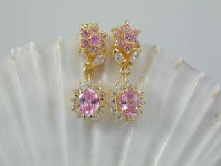   SET Pink Sappire CZ 22K 24K Gold GP Dangle Earrings & Necklace  