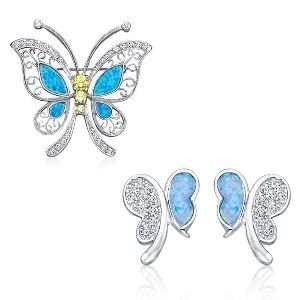  Sterling Silver CZ Opal Butterfly Pendant & Earrings Set Jewelry