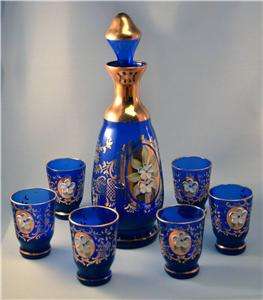   VENETIAN MURANO ART GLASS CORDIAL 8 Piece Cobalt Blue Decanter set