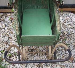 Vintage South Bend Toy Green Wicker Baby Carriage Buggy  