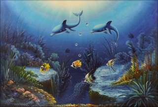 High Q. Hand Painted Oil Painting Sea World with Dolphins and Fishes 