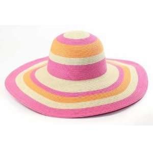  Ladies Wide Brim Straw Stripe Floppy Summer Beach Hat Pink 