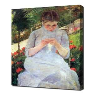  Young woman sewing in the garden by Cassatt   Framed 