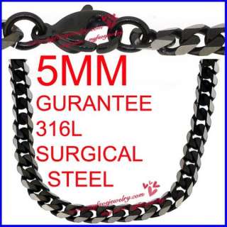 Mens 5mm Black 316L Steel 6 cut Cuban Curb Necklace  