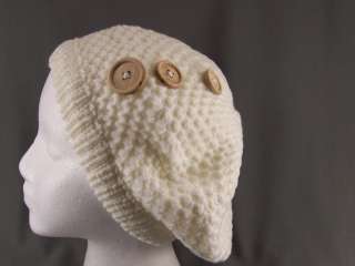 Cream winter knit button beret slouchy baggy tam hat cap beanie 