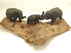   Thailand handcraft Teak wood 3 elephants carving on log HOME DECOR