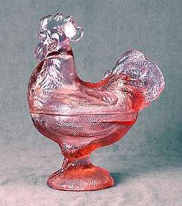 PINK DEPRESSION GLASS TALL NESTING ROOSTER HEN Covered Candy Dish NEW 