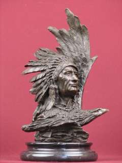 SIGNED BRONZE SCULPTURE NATIVE AMERICAN INDIAN HIGHLY DETAILED STATUE 