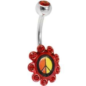  Ruby Red Gem Peace Symbol Logo Flower Belly Ring Jewelry