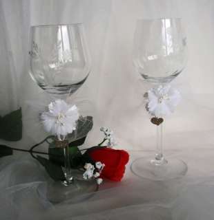 LOVE Charm Wedding toasting glasses FLORAL ETCHING champagne stem 