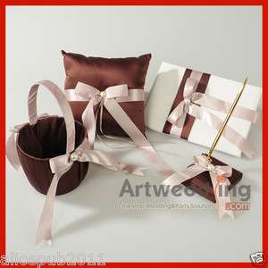   Brownie BowPearl Set Wedding Guest Book Pen,Ring Pillow,Flower Basket