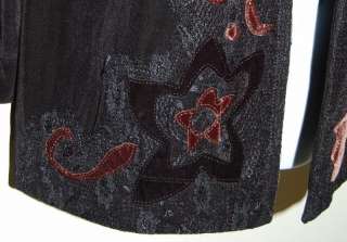 CHICOS TRAVELERS Slinky Black Brown Velvet Lace Applique Open Jacket 