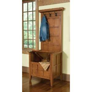 Hall Tree Coat Hanger with Storage Bench in Cottage Oak Finish  