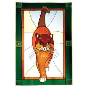 Orange Tabby Cat Painted Art Glass Window 14 x 20.5 Green Border 