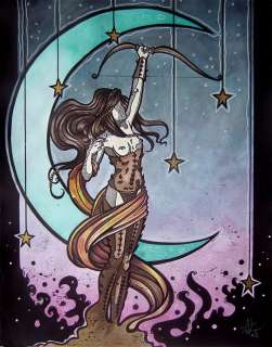 Gothic Artemis w/ moon stars bow comic fantasy art  