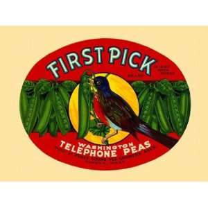  Crate Label . First Pick Telephone Peas Vegetable, Kitchen 
