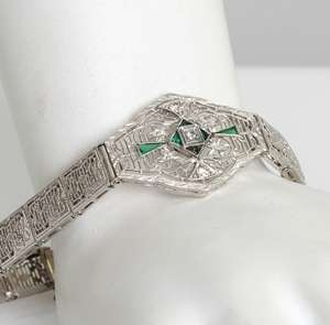 PLATINUM & 14k White Gold Filigree Emerald & Diamond Antique Bracelet
