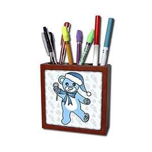   Dancing Blue Teddy Bear with Santa hat   Tile Pen Holders 5 inch tile