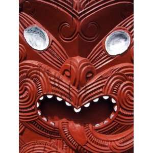Carvings on a Whare Whakairo Meeting House in Te Puia Maori Village 