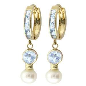  14k Gold Hoop Earrings with Genuine Pearls & Aquamarines Jewelry