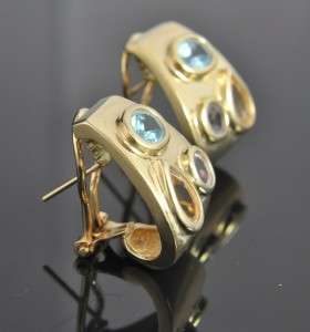 Estate Vtg 14K Gold Multi Gemstone Omega Hoop Earrings  