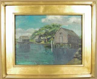Mid 20th C American Decorative Landscape Oil Painting Fishing Shacks 