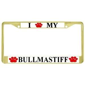  I Love My Bullmastiff Paw Prints Dog Gold Metal License Plate 