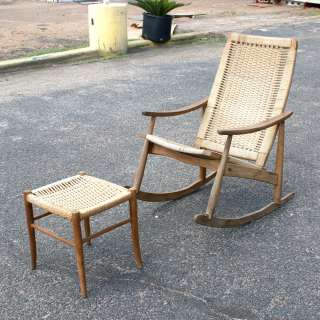 Dnish vintage rocking chair and ottoman set. Teak with woven rush 