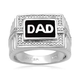 Mens Sterling Silver Enamel DAD Diamond Ring with Textured Shank (1 