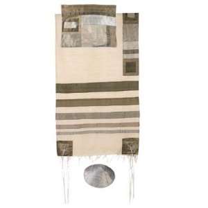  Raw Silk Tallit with stripes by Yair Emanuel Grey on White 