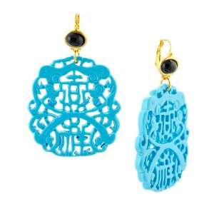 Kenneth Jay Lane Turquoise and Onyx Carved Drop Earrings Kenneth Jay 