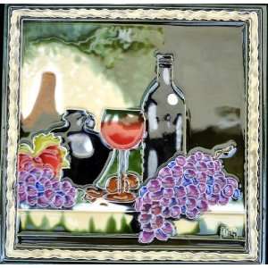   Plaque With Hanger / Stand   Red Wine Bottle Glass & Grapes (BD 0407